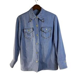 Studded Western M Denim Shirt Embellished Cowgirl Blouse Rodeo Festival Top VTG